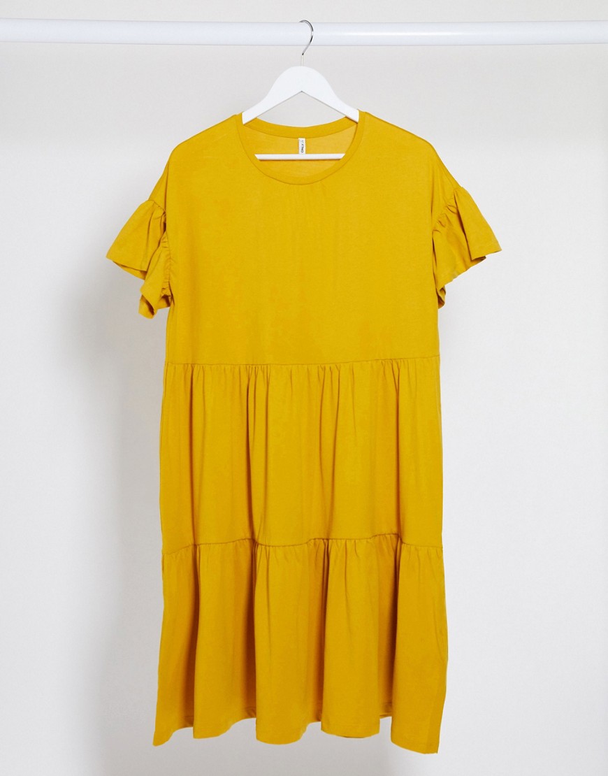 Only - Aangerimpelde halflange jurk in geel