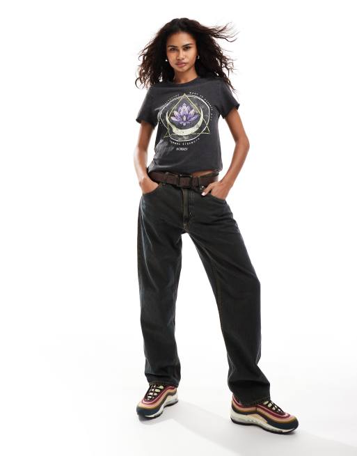 ONLY acid wash lotus motif t-shirt in black , 2 of 4