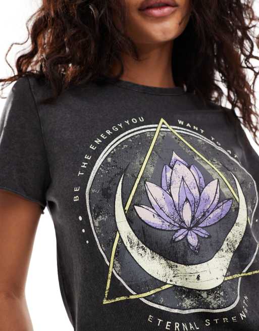 ONLY acid wash lotus motif t-shirt in black , 3 of 4