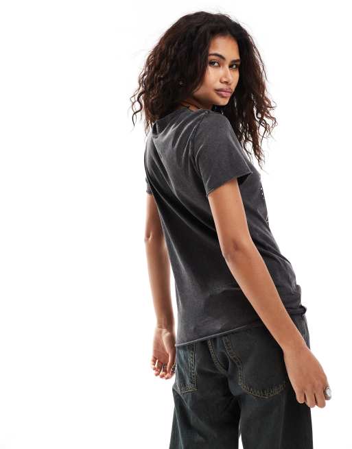 ONLY acid wash lotus motif t-shirt in black , 4 of 4
