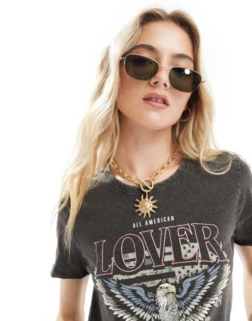 ONLY acid wash love motif t-shirt in black , 2 of 4