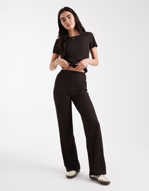 ONLY active wide leg ribbed pants in chocolate brown (part of a set) - view 1