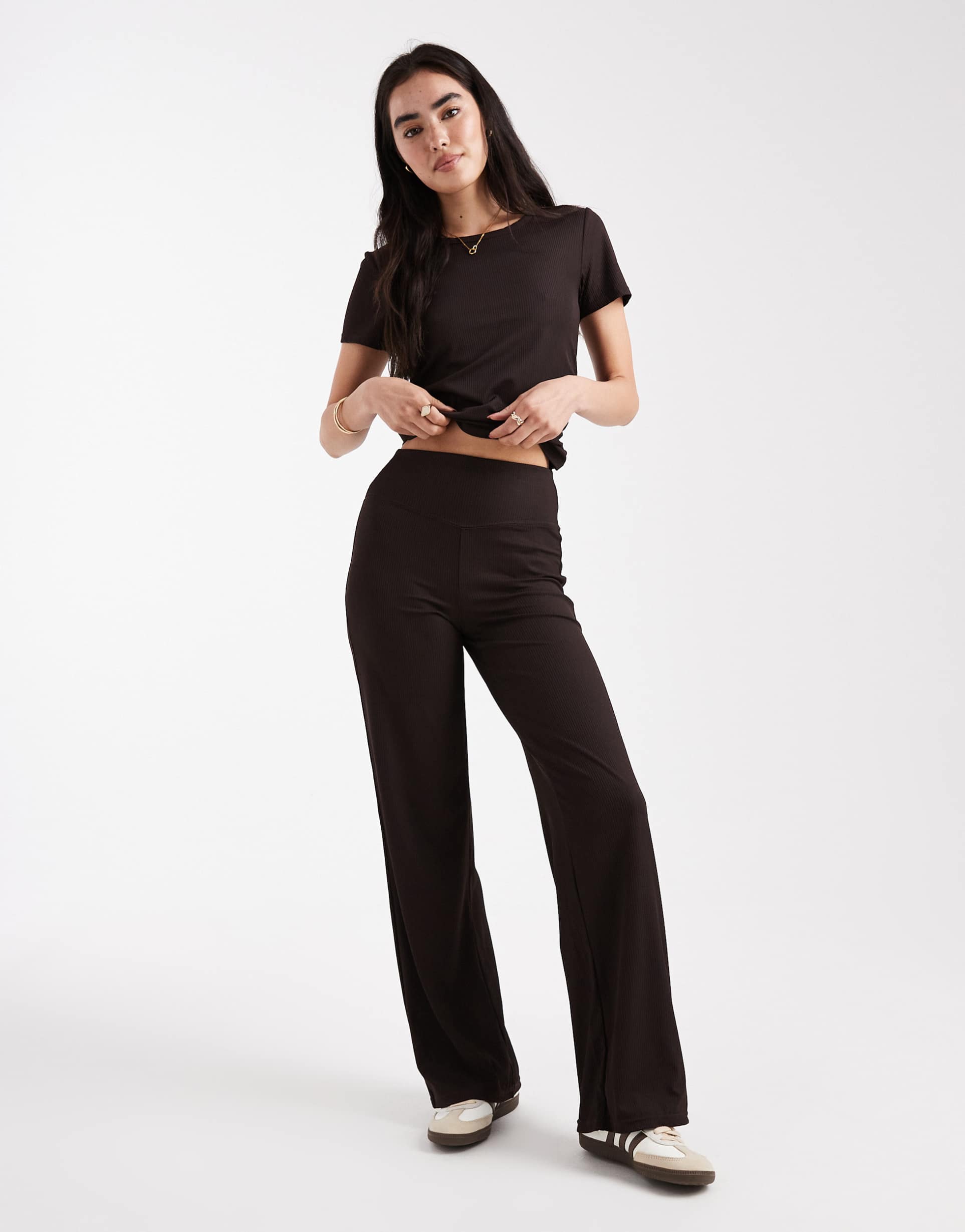 only active wide leg ribbed pants in chocolate brown - part of a set