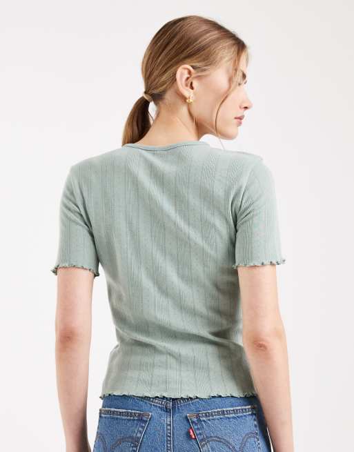 ONLY - Ajourgebreid T-shirt met geschulpte rand in saliegroen, 2 van 4