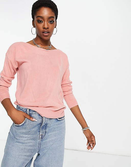 Flad forsikring Alle Only amalia long sleeve boatneck pullover sweater in light pink | ASOS