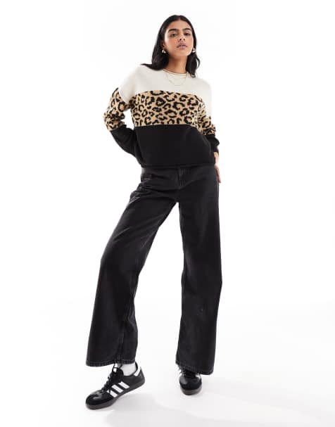ONLY animal print color block sweater in black & white - view 1