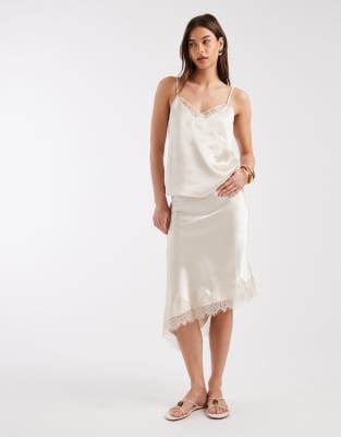 Only Assymetric Satin Lace Midi Skirt In Neutral