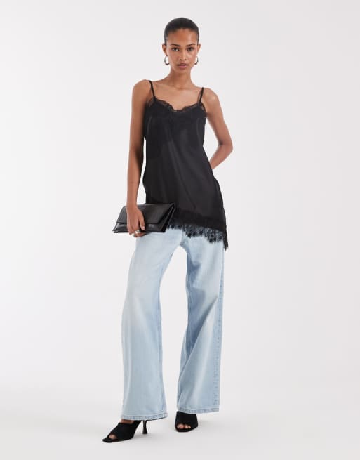 ONLY asymetric lace trim satin top in black, 2 of 4