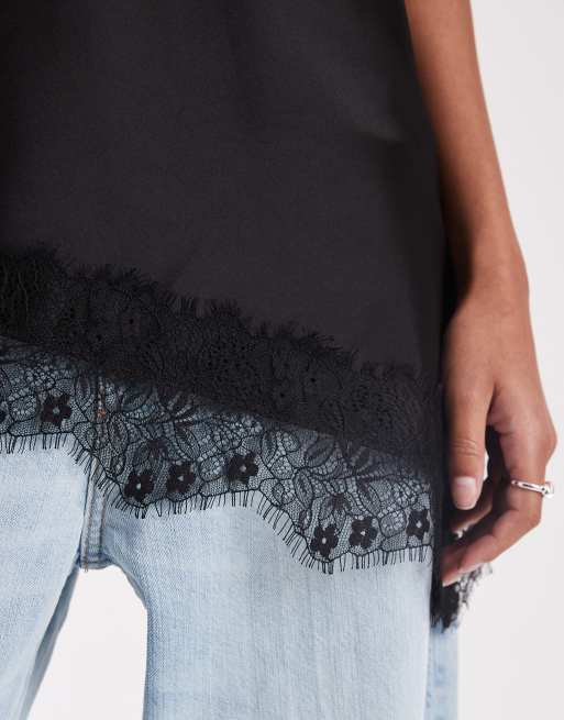 ONLY asymetric lace trim satin top in black, 3 of 4