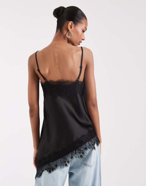 ONLY asymetric lace trim satin top in black, 4 of 4