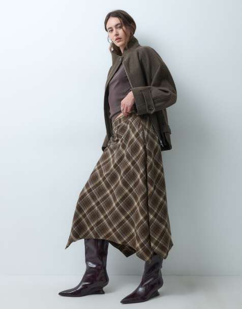 ONLY asymetric midaxi skirt in brown checks - view 1