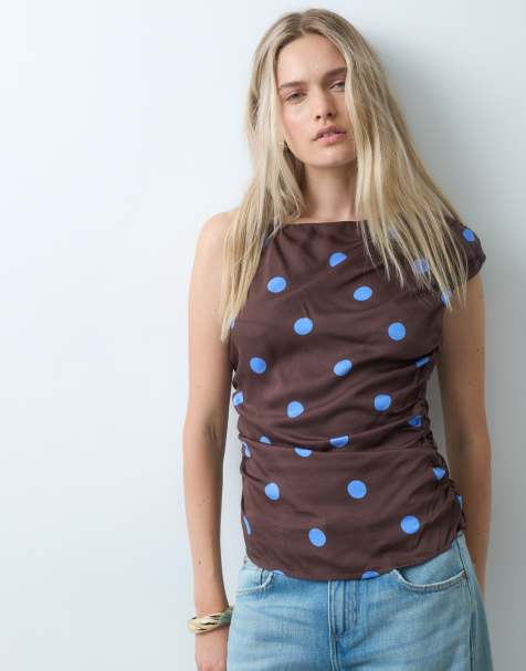 ONLY asymetric neck top in brown polka dots - view 1
