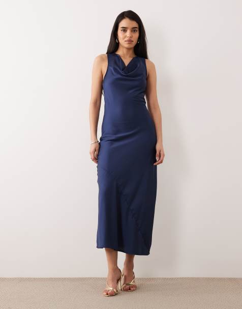 ONLY asymmetric back detail cowl neck midi dress in navy