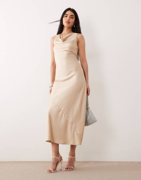 ONLY asymmetric back detail cowl neck midaxi dress in beige - view 1