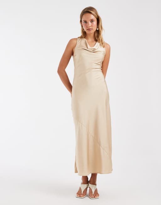 ONLY asymmetric back detail cowl neck midi dress in beige, 4 of 4