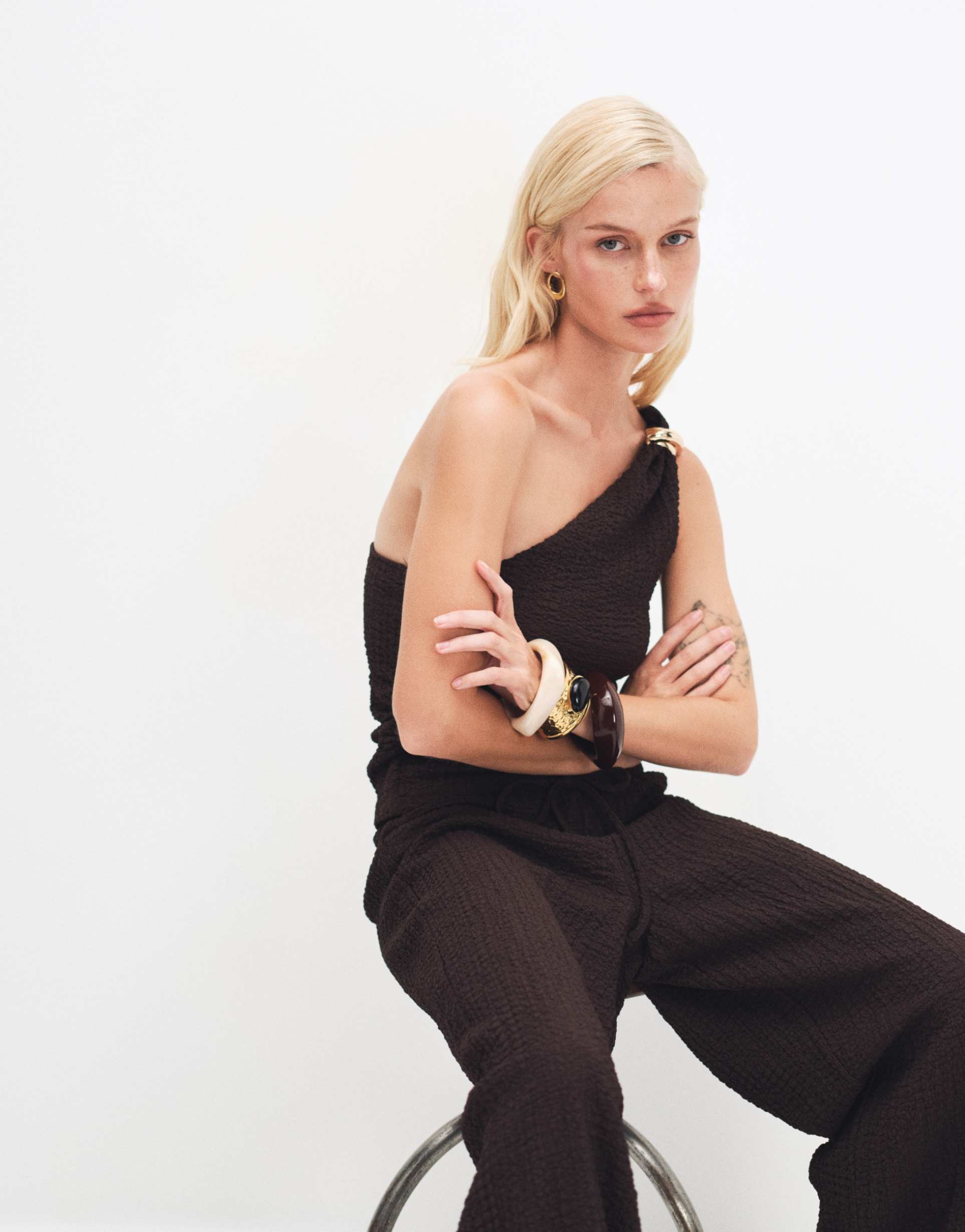 only asymmetric crinkled textured top in dark brown - part of a set