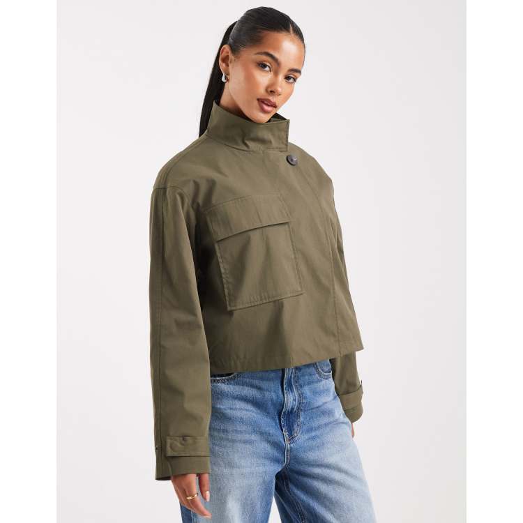 ONLY asymmetric cropped trench coat in khaki green | ASOS