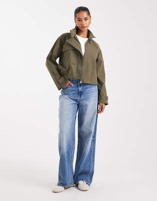 ONLY asymmetric cropped trench coat in khaki green | ASOS