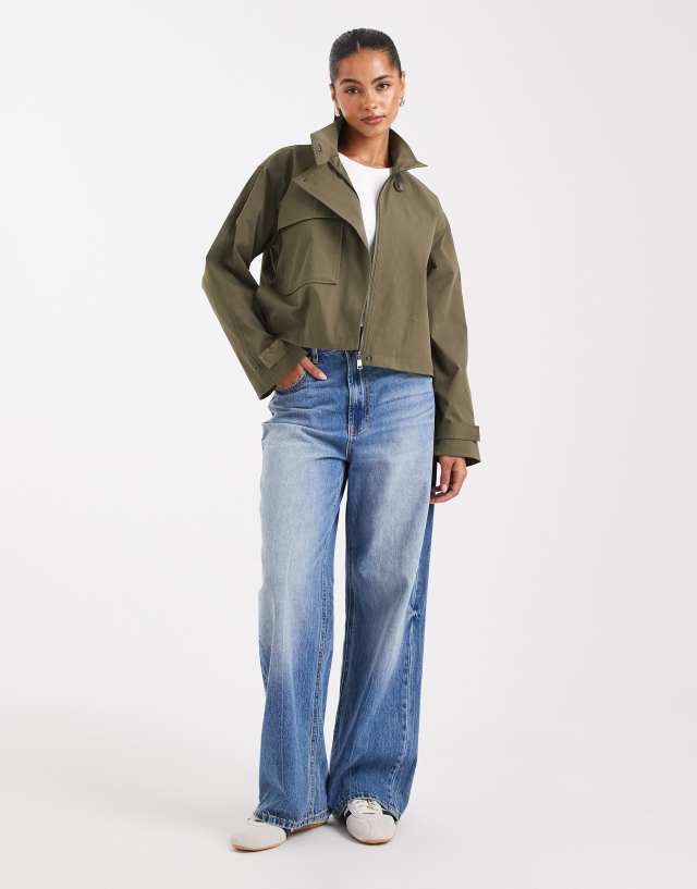 ONLY asymmetric cropped trench coat in khaki green | ASOS