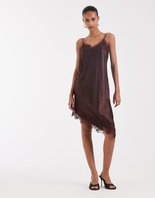 Only Asymmetric Lace Trim Satin Mini Dress In Brown