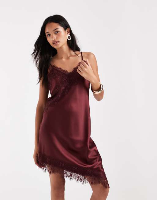 ONLY asymmetric lace trim satin mini dress in dark red, 3 of 4