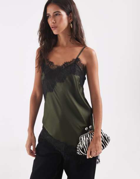 ONLY asymmetric lace trim satin top in dark green - view 1