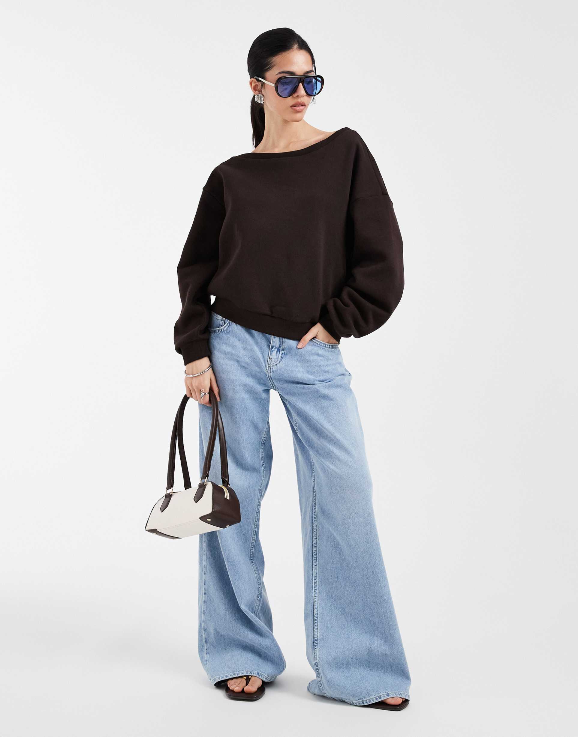 only asymmetric neck sweatshirt in chocolate brown