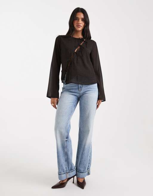 ONLY asymmetric tie detail top in brown leo print, 2 of 4