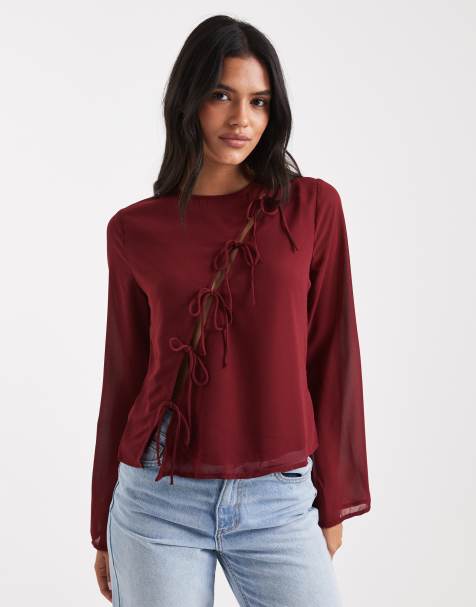 ONLY asymmetric tie detail top in burgundy - view 1