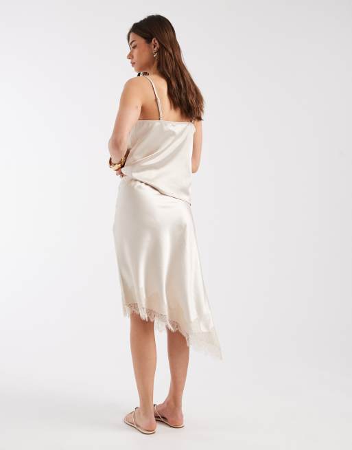 ONLY – Asymmetrischer Midirock aus Satin und Spitze in Hellbeige, Kombiteil, 5 von 5