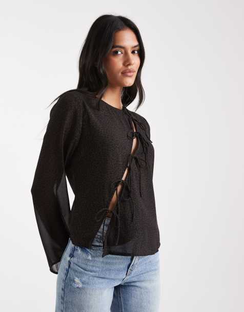 ONLY – Asymmetrisches Oberteil in Braun mit Leopardenmuster und Bindedetail - view 1