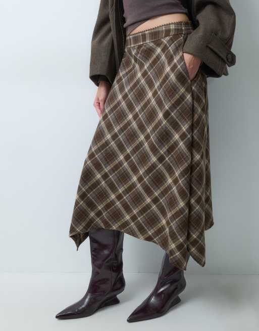 ONLY asymmetrisk midaxi-nederdel med brunt tern, 3 af 5