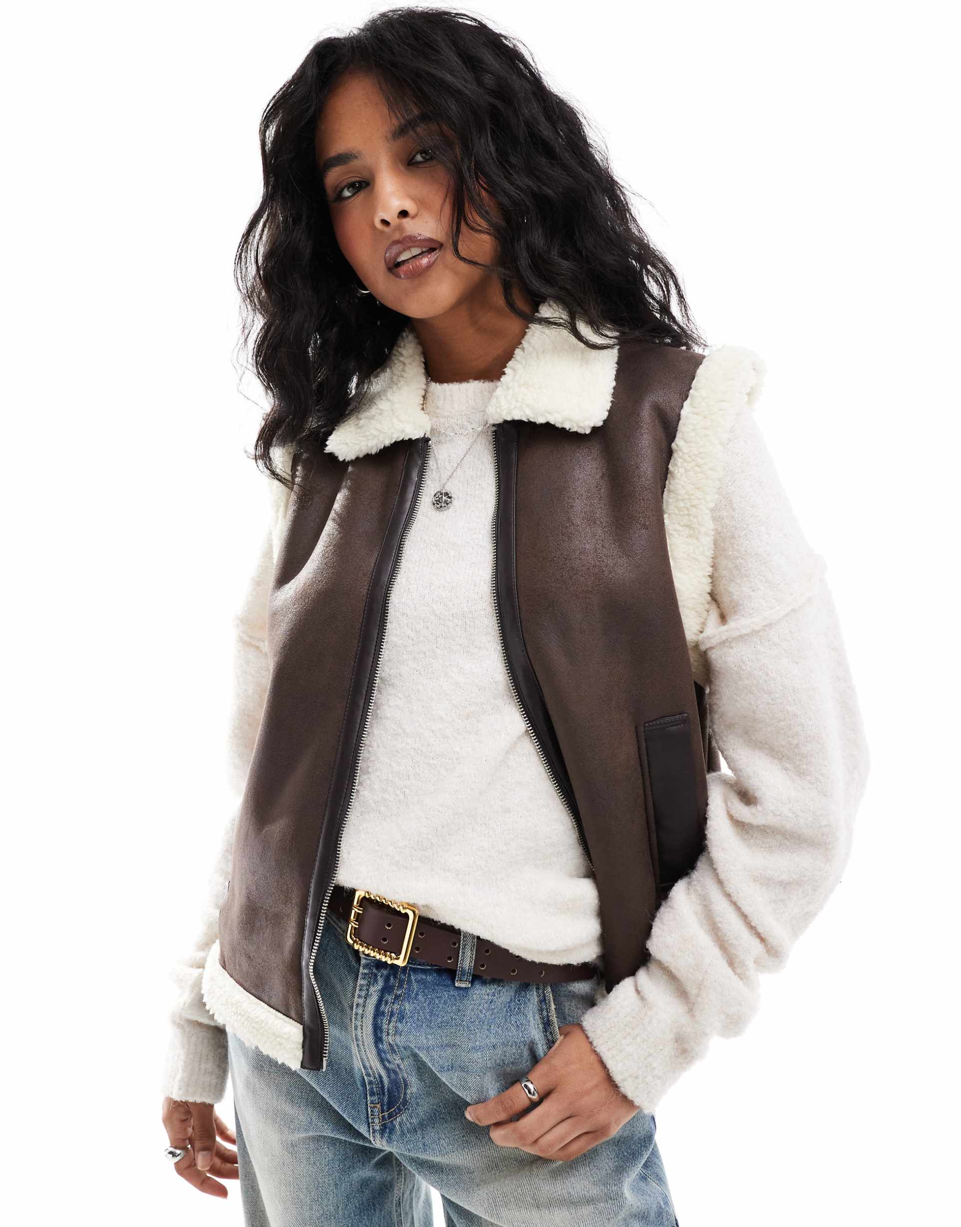 only aviator shearling vest in brown