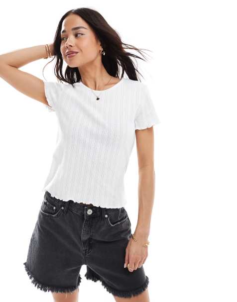 ONLY - Baby tee met pointelle en geschulpte rand in wit - view 1