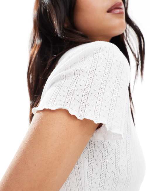 ONLY - Baby tee met pointelle en geschulpte rand in wit, 2 van 4