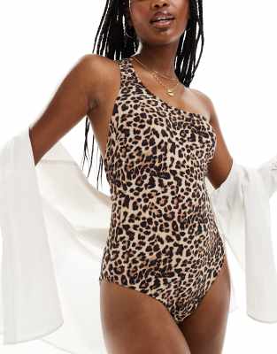Only - Badeanzug mit One-Shoulder-Träger und Leopardenmuster-Braun