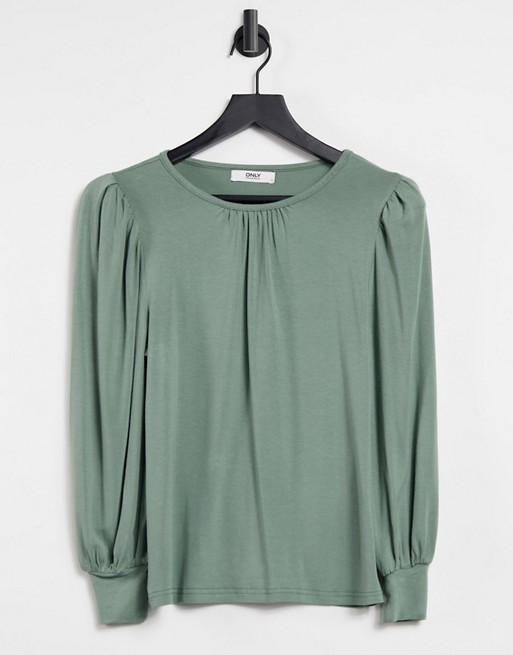 Only balloon sleeve jersey top in green