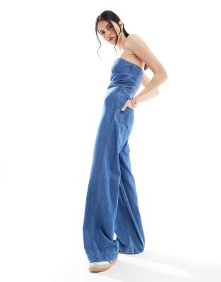 bandeau wide leg denim jumpsuit in mid wash-Blue