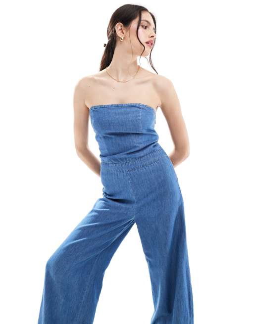 ONLY bandeau wide leg denim jumpsuit in mid wash ASOS