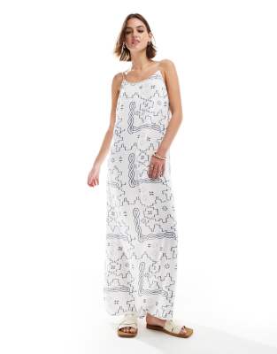 Only Bead Straps Geo Print Maxi Dress In White And Blue