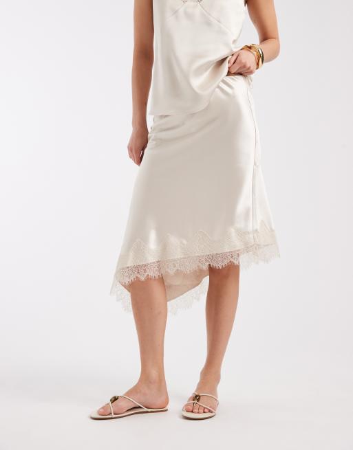 ONLY – Beige, asymmetrisk midikjol i satin och spets, del av set, 2 av 5