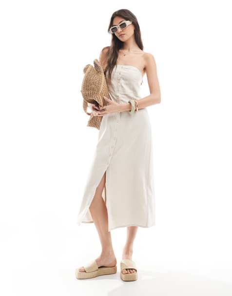 ONLY - Beige bandeau-midikjole i hørblanding - view 1
