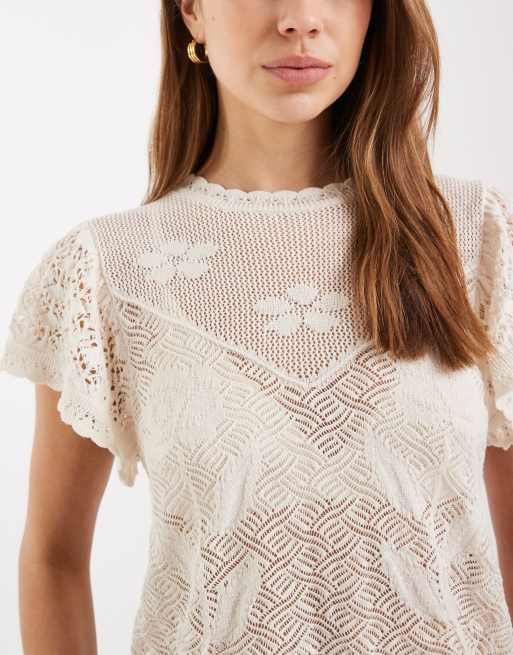 ONLY - Beige croptop i hæklet materiale med blomstermønster, 4 af 4