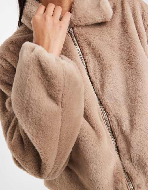 ONLY – Beige fuskpälsjacka med dragkedja, 3 av 4
