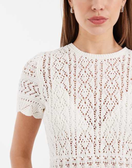 ONLY - Beige hæklet top med korte ærmer, 2 af 4