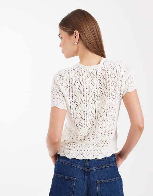 ONLY - Beige hæklet top med korte ærmer, 3 af 4