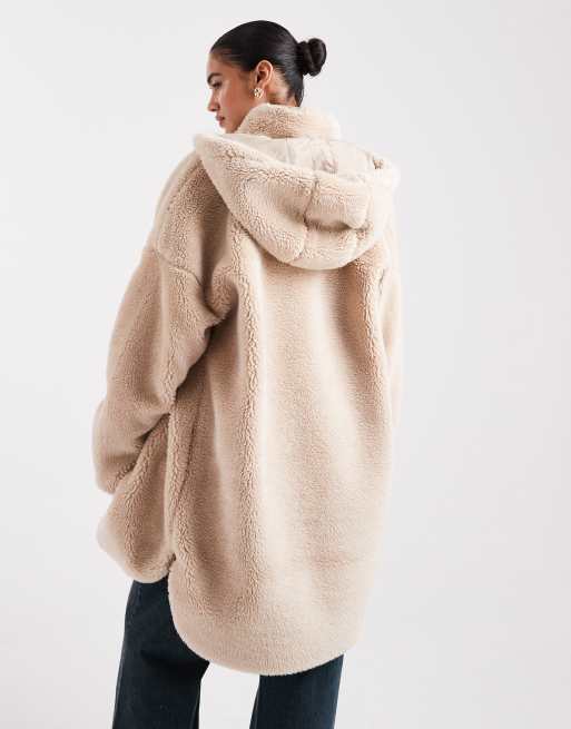 ONLY – Beige jacka i teddy med huva, 4 av 4