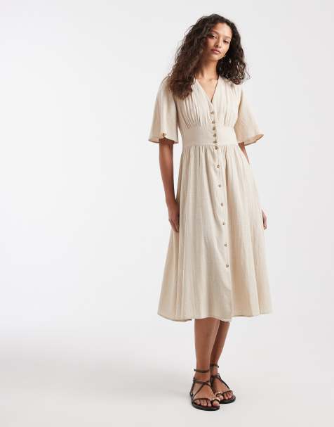 ONLY - Beige midi-skjortekjole i hørlook - view 1