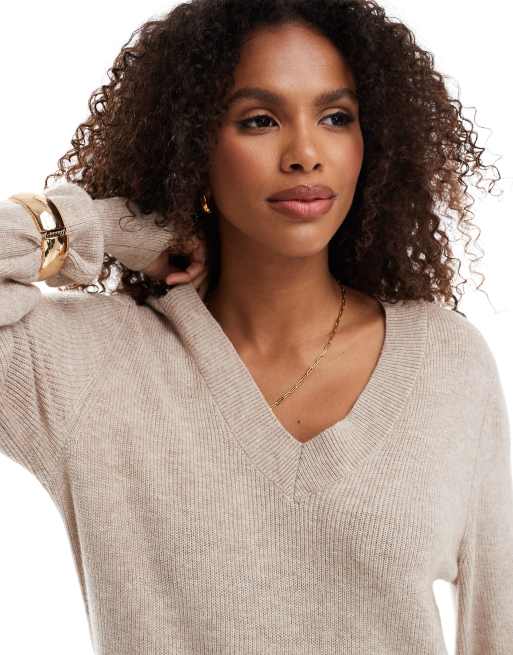 ONLY - Beige midikjole i strik med V-hals, 4 af 4
