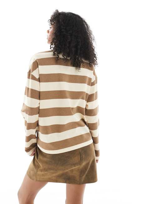 ONLY – Beige och brun, randig sweatshirt med pikékrage och långa ärmar, 3 av 4